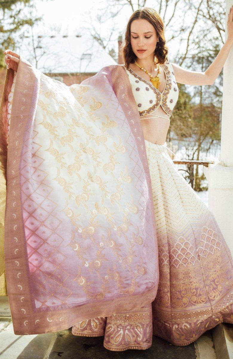 Off-white and light purple shaded Banarasi silk lehenga choli, front view