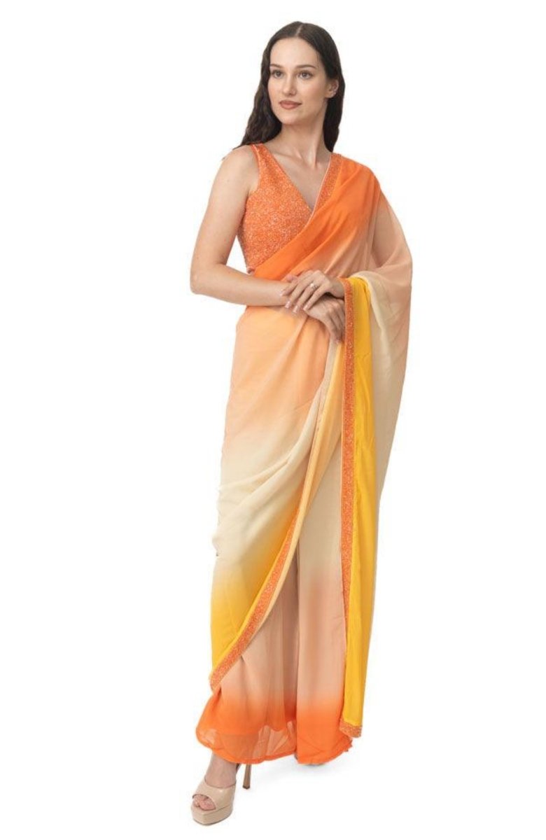 Shaded Pre-Draped Saree with Hand Embroidered Blouse-[pre_stitched_saree]-Raas