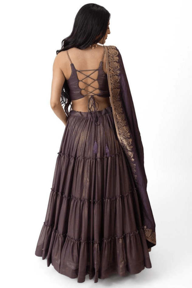 Shimmer Tiered Lehenga Choli Set with Gold Accent-[comfort-first-design]-[lightweight]-Raas