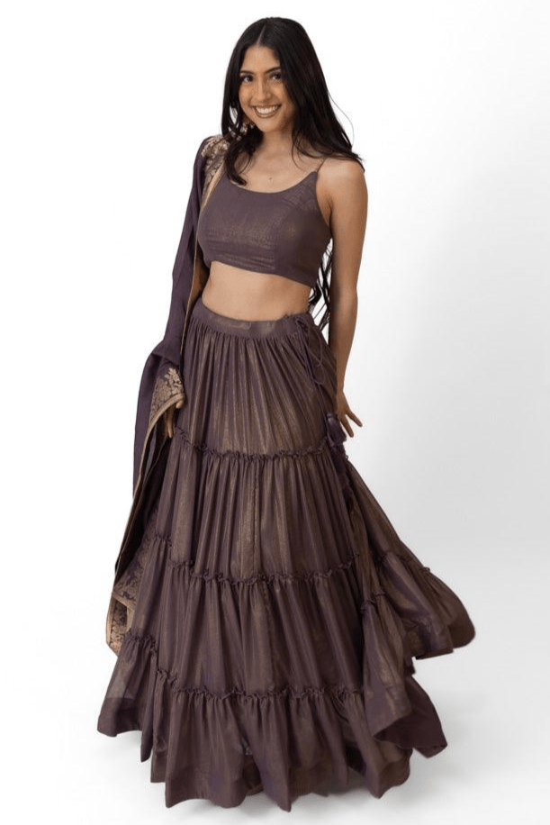 Shimmer Tiered Lehenga Choli Set with Gold Accent-[comfort-first-design]-[lightweight]-Raas