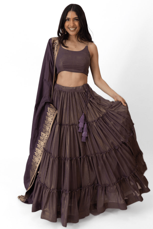 Shimmer Tiered Lehenga Choli Set with Gold Accent-[comfort-first-design]-[lightweight]-Raas