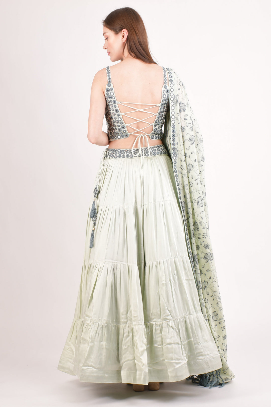 Silk Sage Green Embroidered Tiered Lehenga Choli-[mehendi outfit]-Raas