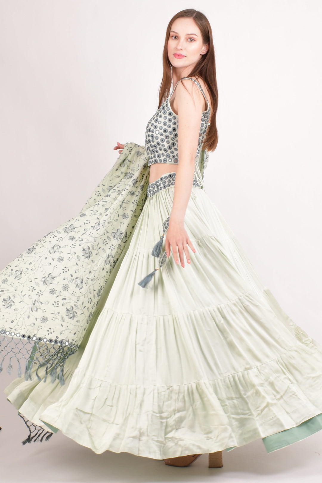 Silk Sage Green Embroidered Tiered Lehenga Choli-[mehendi outfit]-Raas