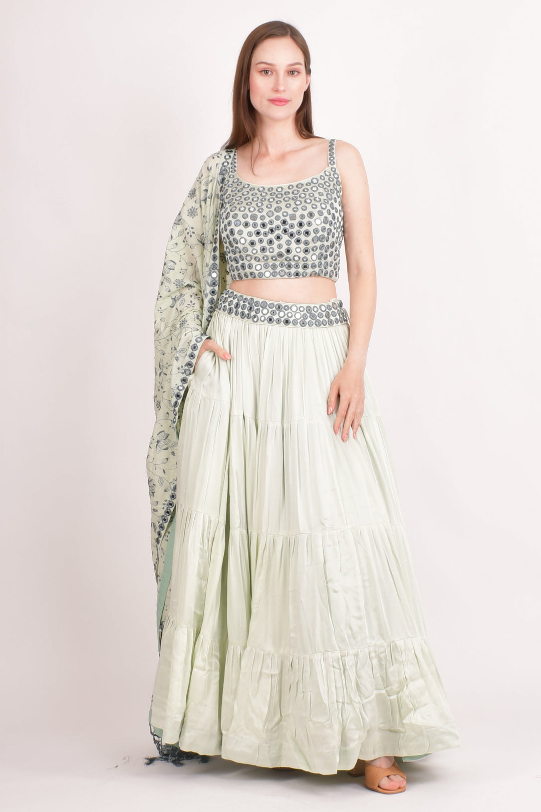 Silk Sage Green Embroidered Tiered Lehenga Choli-[mehendi outfit]-Raas