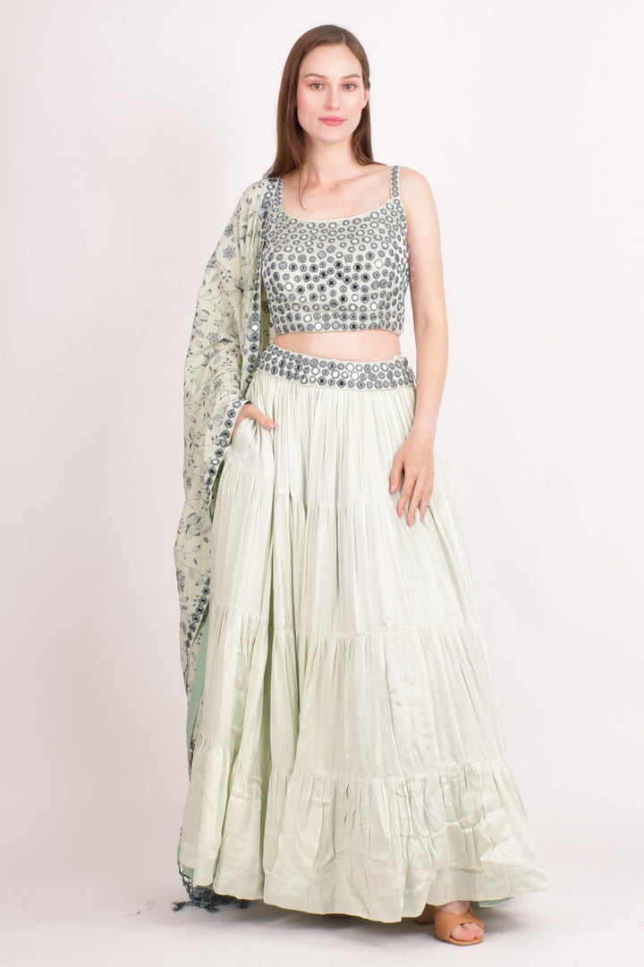 Silk Sage Green Embroidered Tiered Lehenga Choli-[mehendi outfit]-Raas