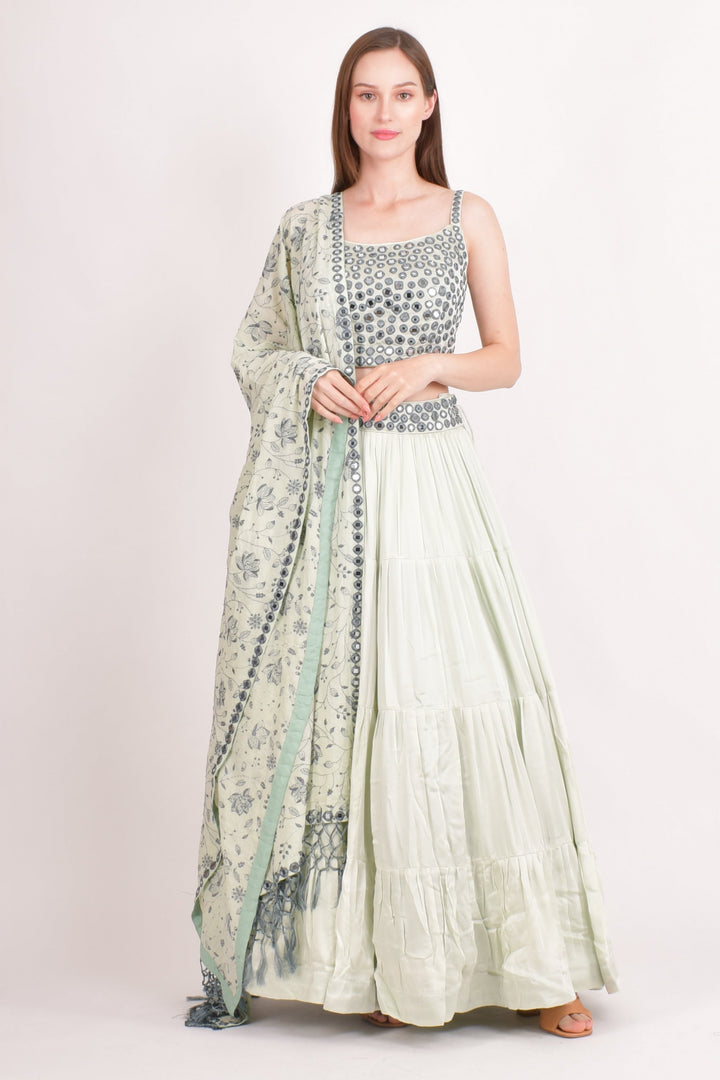 Silk Sage Green Embroidered Tiered Lehenga Choli-[mehendi outfit]-Raas