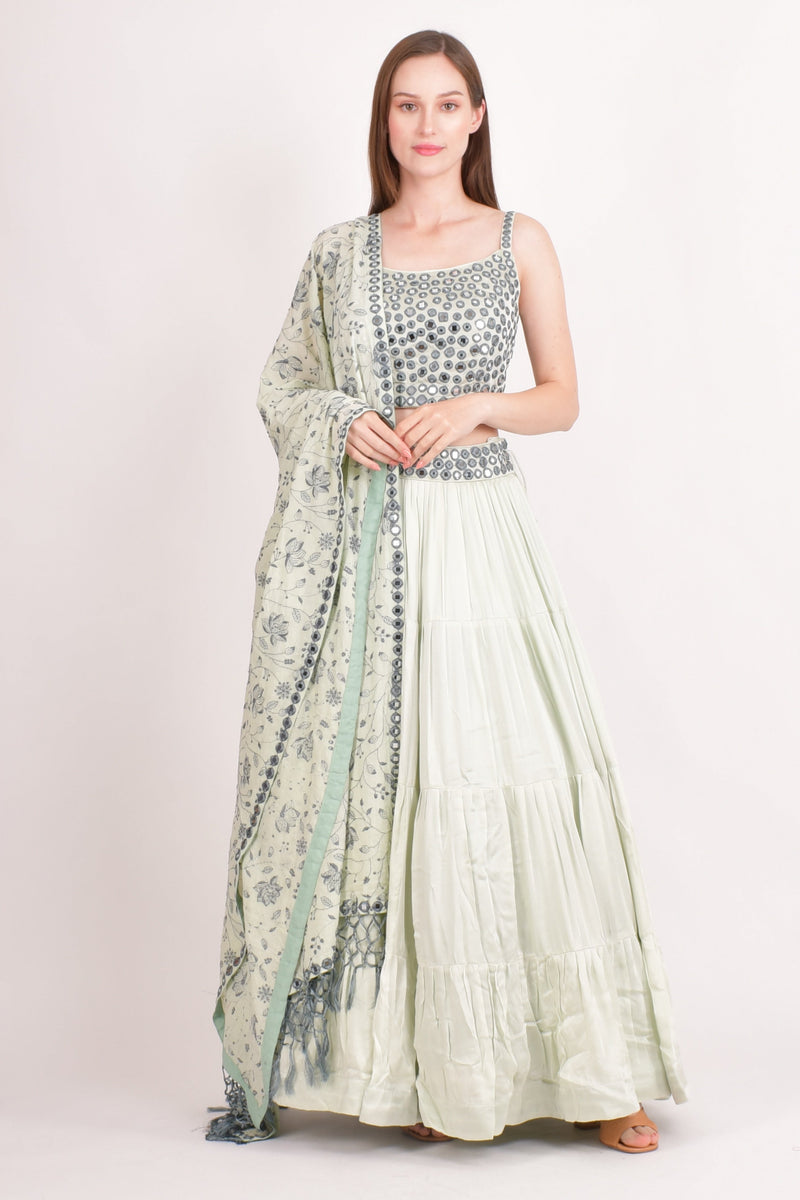 Silk Sage Green Embroidered Tiered Lehenga Choli-[mehendi outfit]-Raas