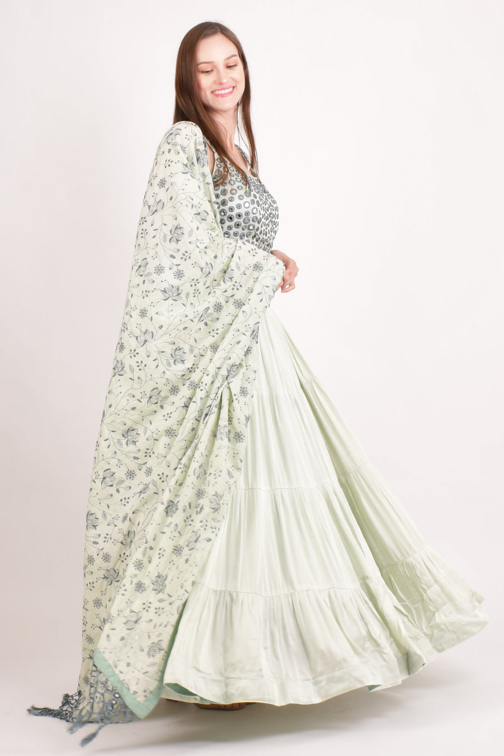 Silk Sage Green Mirror work Tiered Lehenga Choli-[mehendi outfit]-Raas