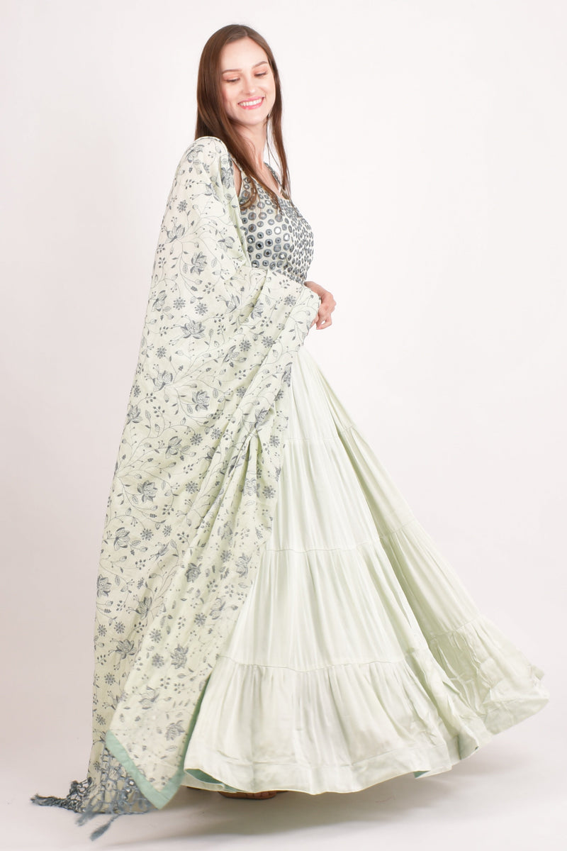 Silk Sage Green Mirror work Tiered Lehenga Choli-[mehendi outfit]-Raas