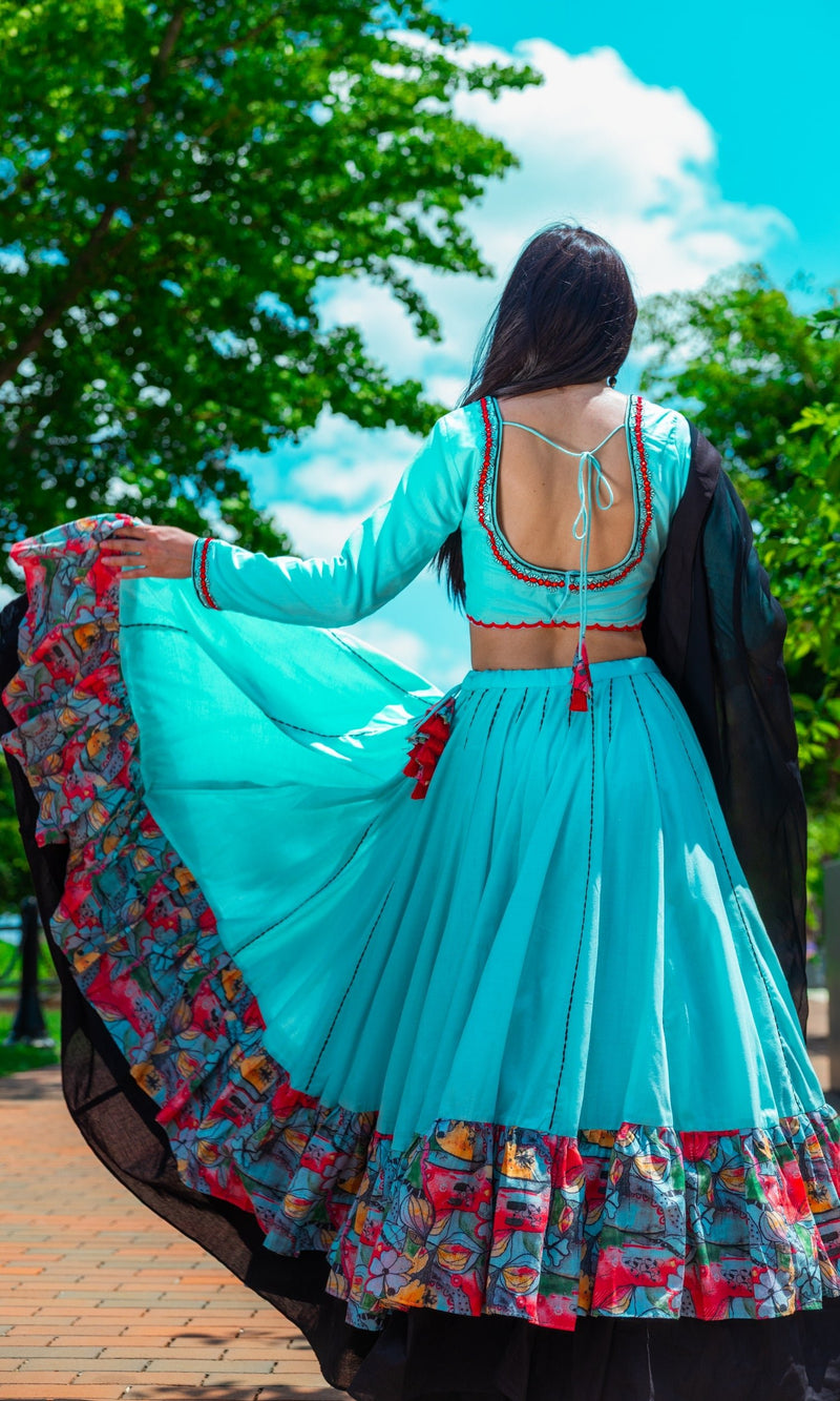 Sky Blue Full Flare Chaniya Choli-[comfort-first-design]-[lightweight]-Raas