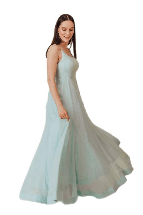 Sky blue shimmer silk gown with rhinestone-encrusted shoulder straps and round front neckline.