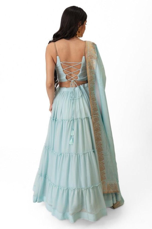 Sky Blue Shimmer Tiered Lehenga Choli Set with Gold Accents-Raas USA