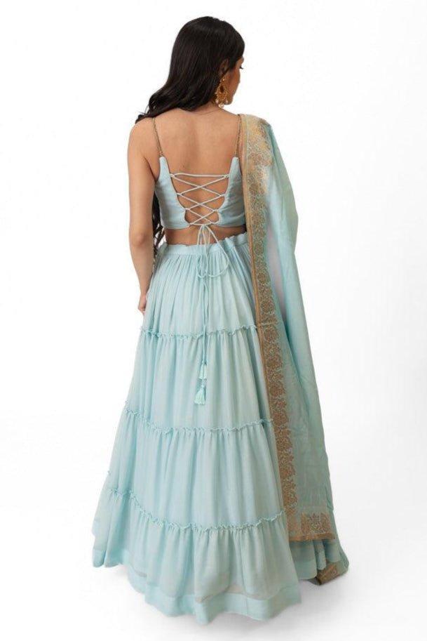 Sky Blue Shimmer Tiered Lehenga Choli with Gold Accents for Women-[mehendi outfit]-Raas