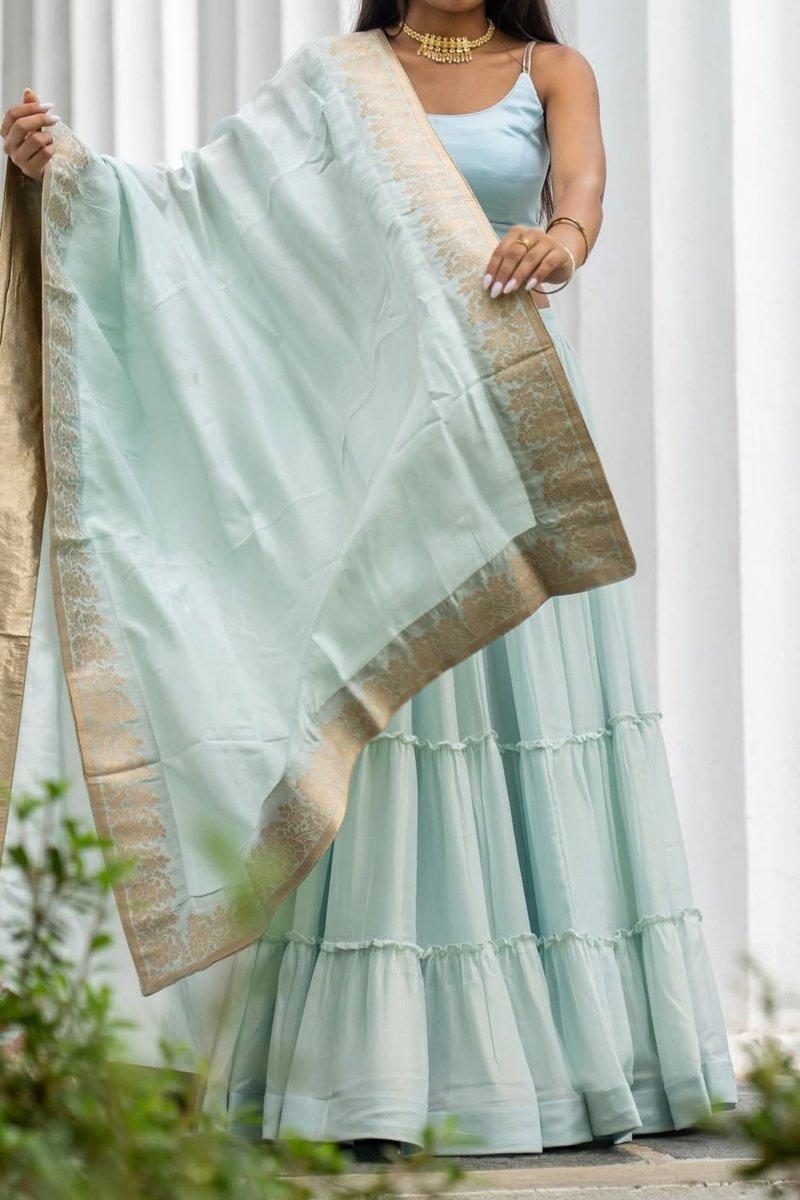 Sky Blue Shimmer Tiered Lehenga Choli with Gold Accents for Women-[mehendi outfit]-Raas