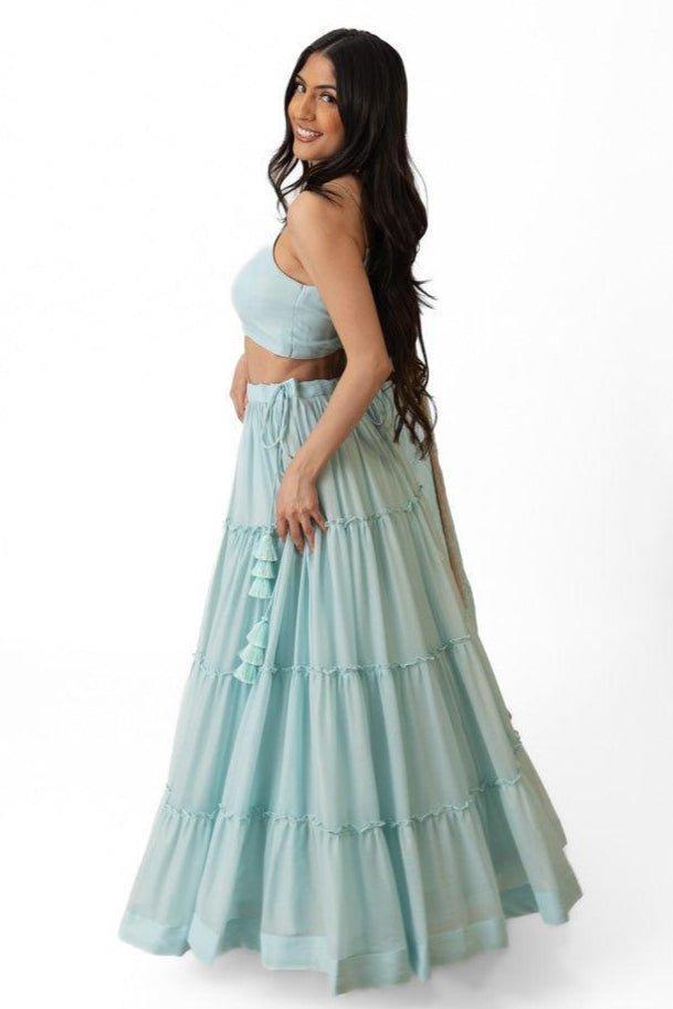 Sky Blue Shimmer Tiered Lehenga Choli with Gold Accents for Women-[mehendi outfit]-Raas