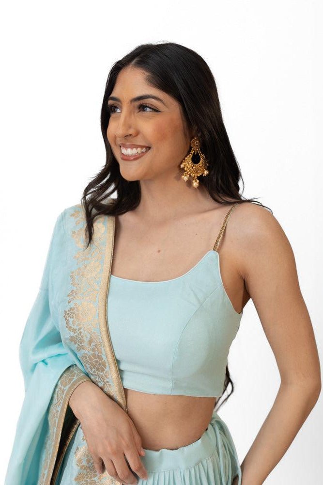 Sky Blue Shimmer Tiered Lehenga Choli with Gold Accents for Women-[mehendi outfit]-Raas