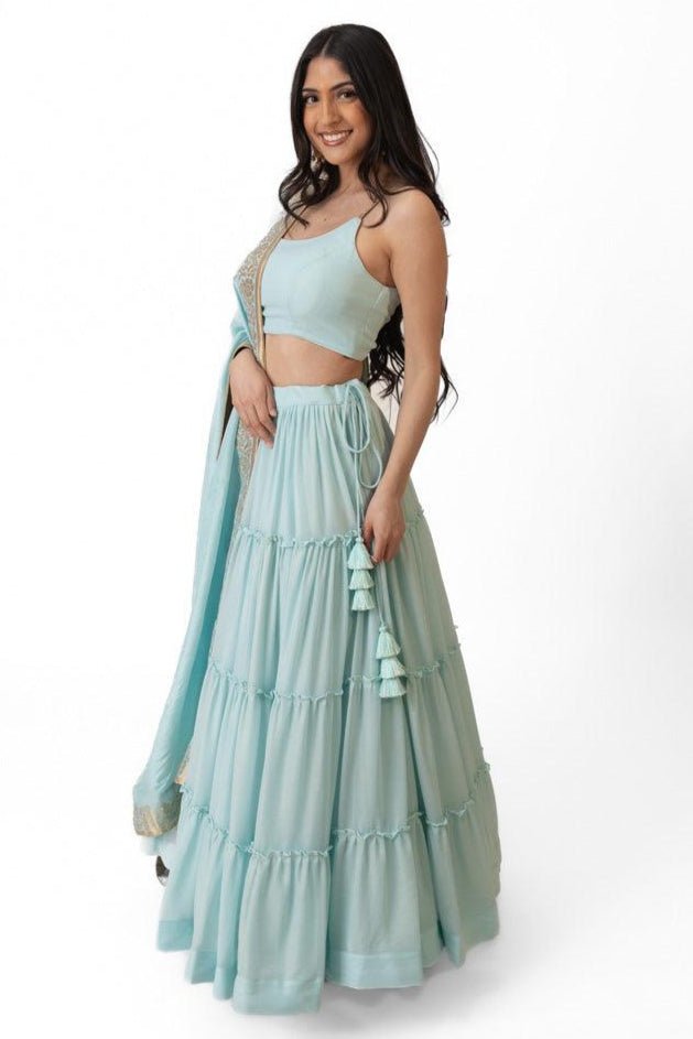 Sky Blue Shimmer Tiered Lehenga Choli with Gold Accents for Women-[mehendi outfit]-Raas