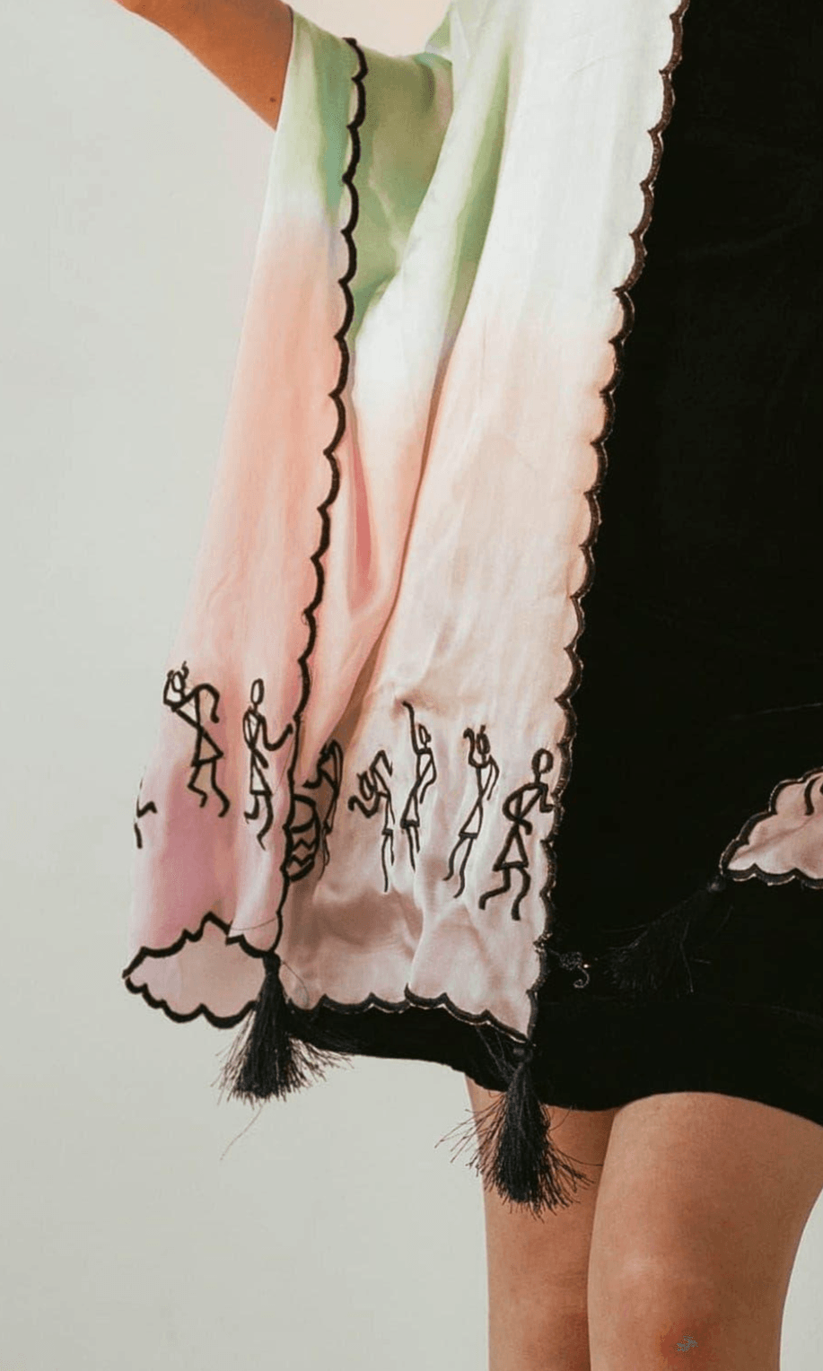 Sky Blue and Pink Varli Embroidered Shaded Scarf-Raas USA