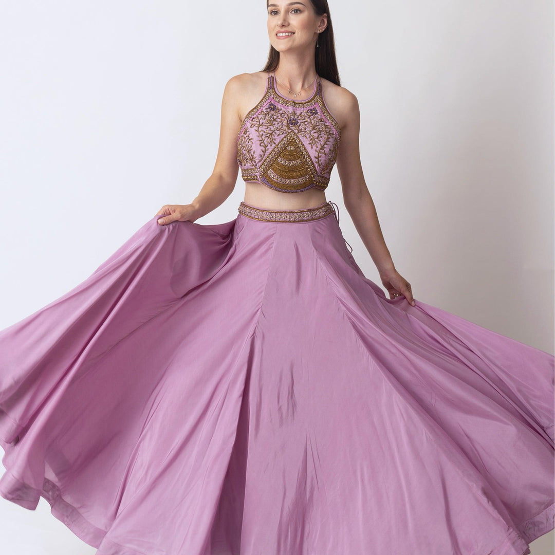 Soft Silk Dusty Rose Pink Lehenga With Hand Embroidered Blouse-Raas USA