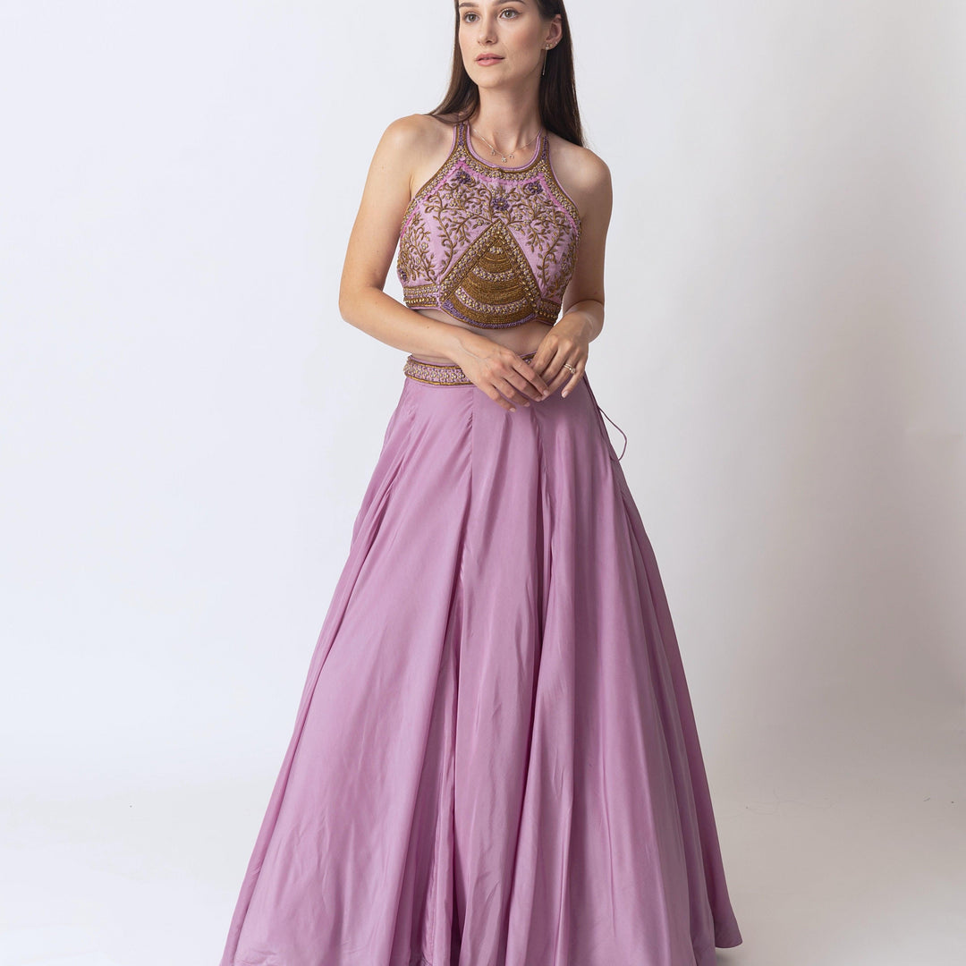 Soft Silk Dusty Rose Pink Lehenga With Hand Embroidered Blouse-Raas USA