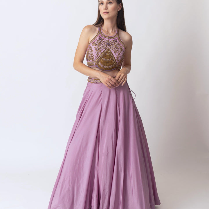 Soft Silk Dusty Rose Pink Lehenga With Hand Embroidered Blouse-Raas USA