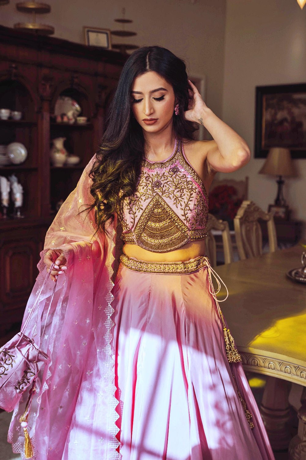 Soft Silk Dusty Rose Pink Lehenga With Hand Embroidered Blouse-Raas USA