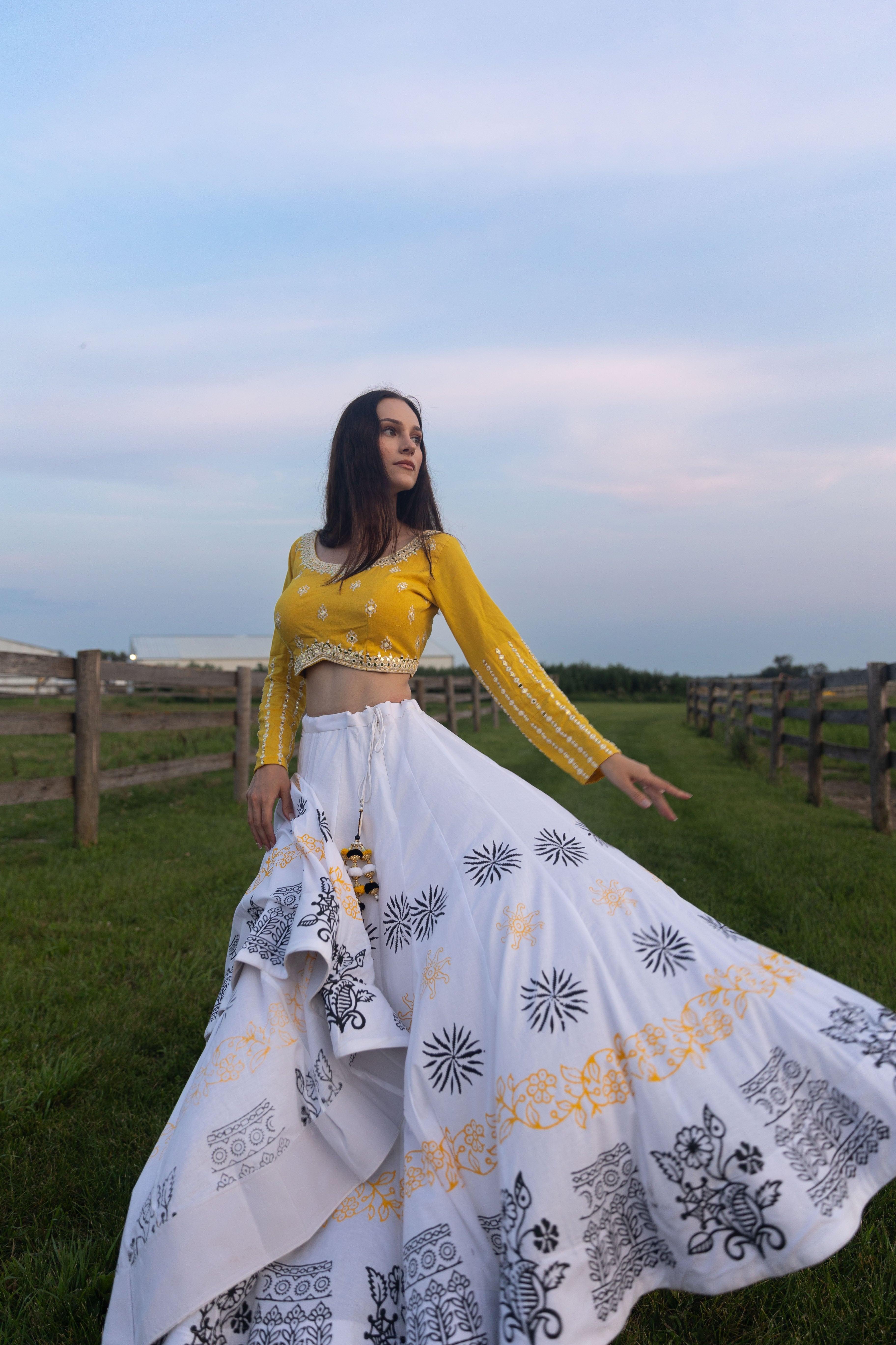 Sunny Yellow and white Long Sleeve Lehenga Choli 8746463658242