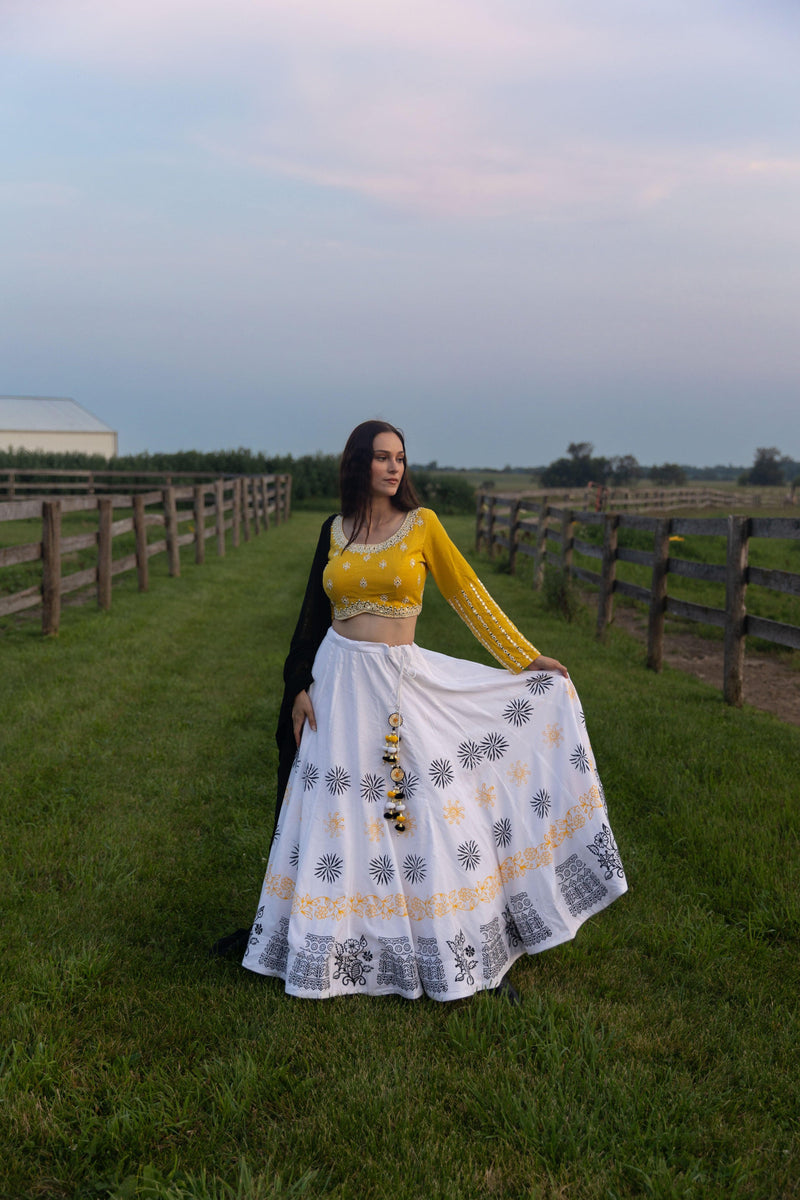 Sunny Yellow and White Chaniya Choli Set-[mehendi outfit]-Raas