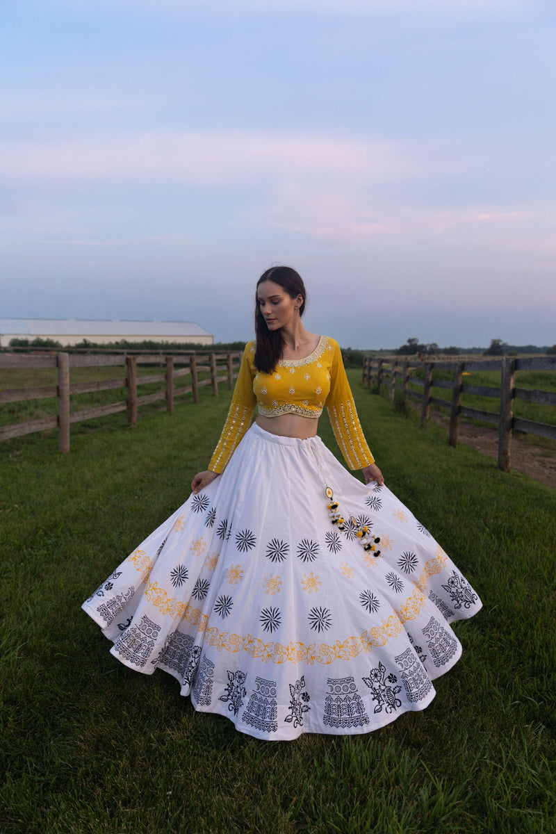 Sunny Yellow and White Chaniya Choli Set-[mehendi outfit]-Raas
