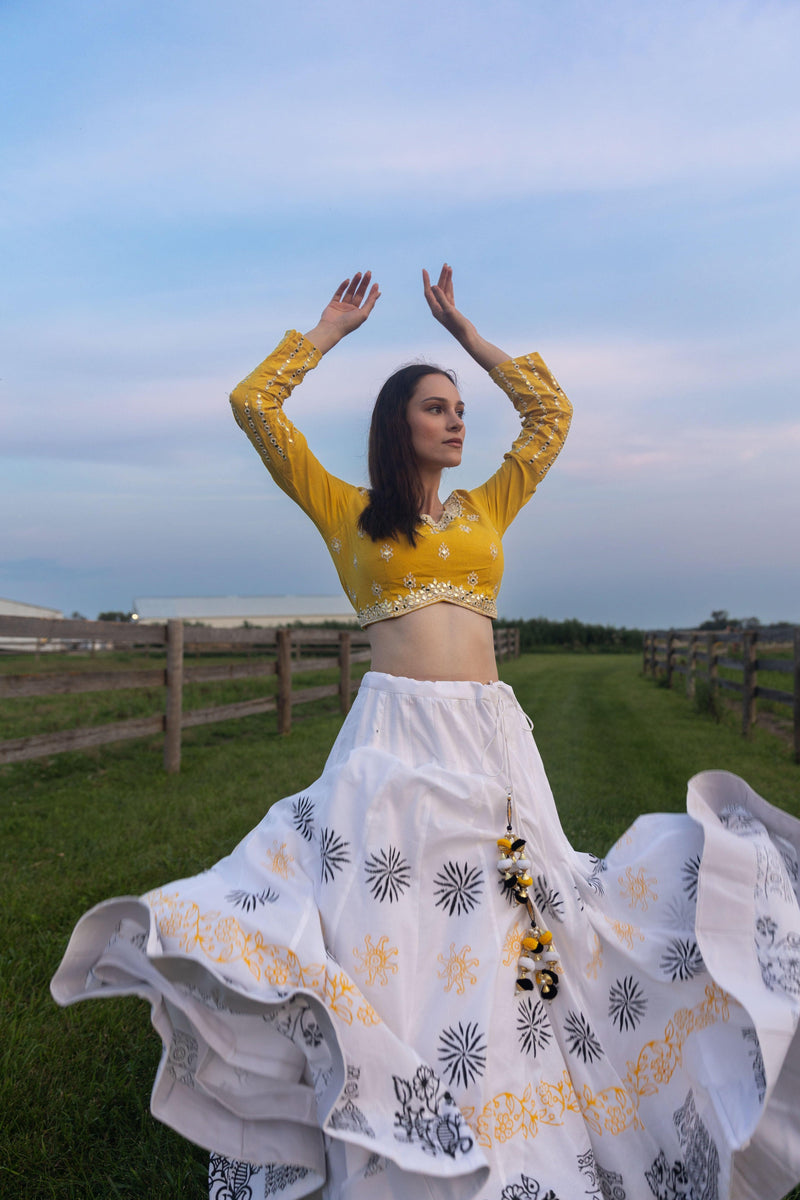 Sunny Yellow and White Chaniya Choli Set-[mehendi outfit]-Raas