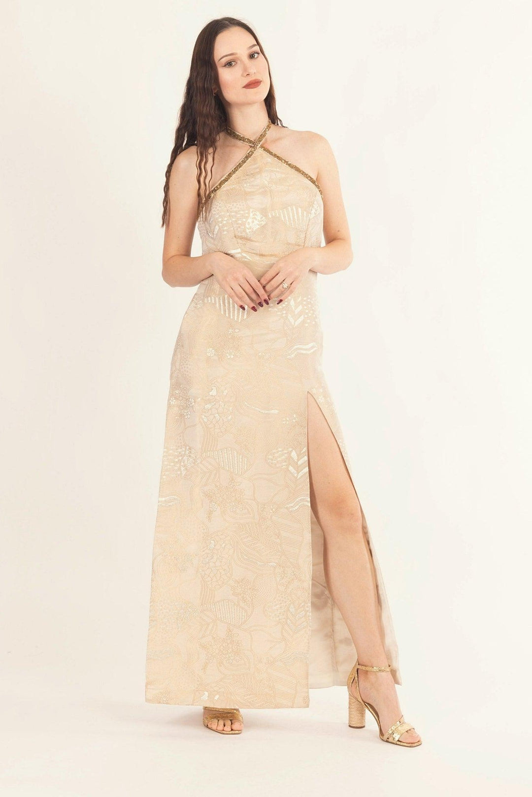 Tan Jacquard Slit Halter Long Dress-Raas USA