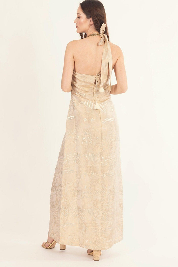 Tan Jacquard Slit Halter Long Dress-Raas USA