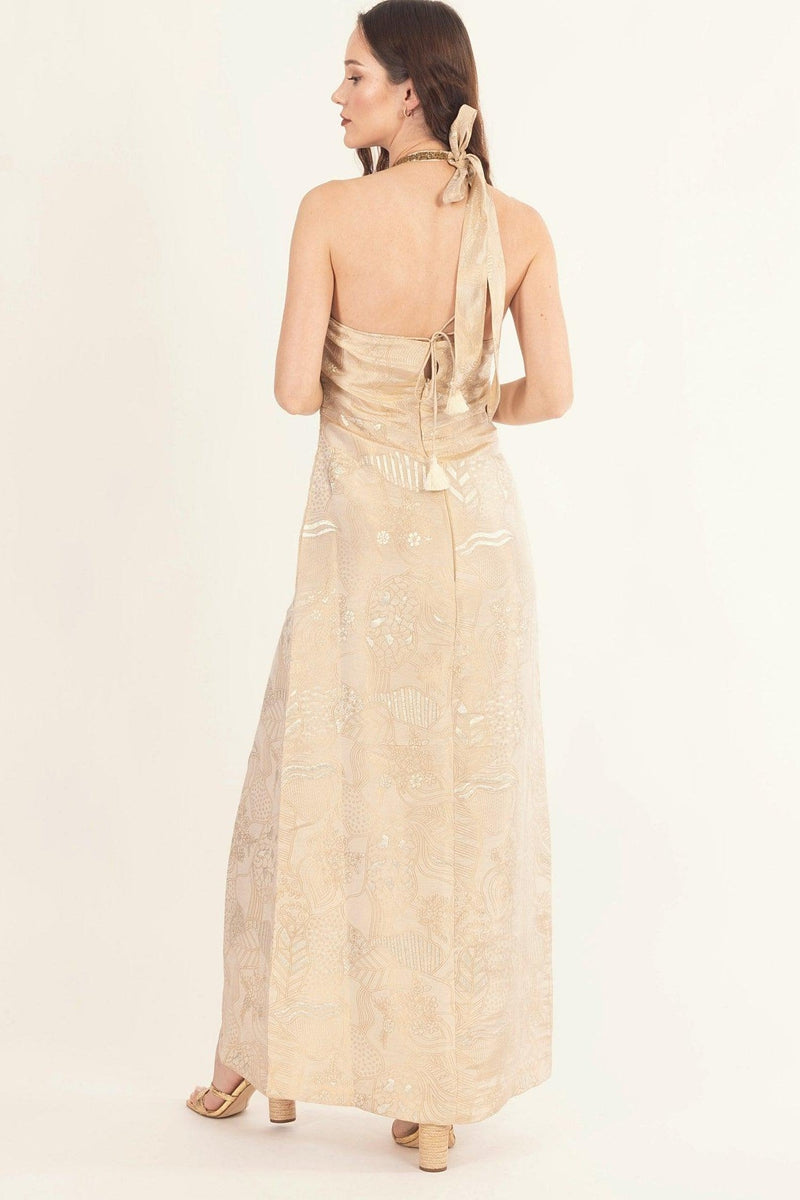 Tan Jacquard Slit Halter Long Dress dresses RAAS