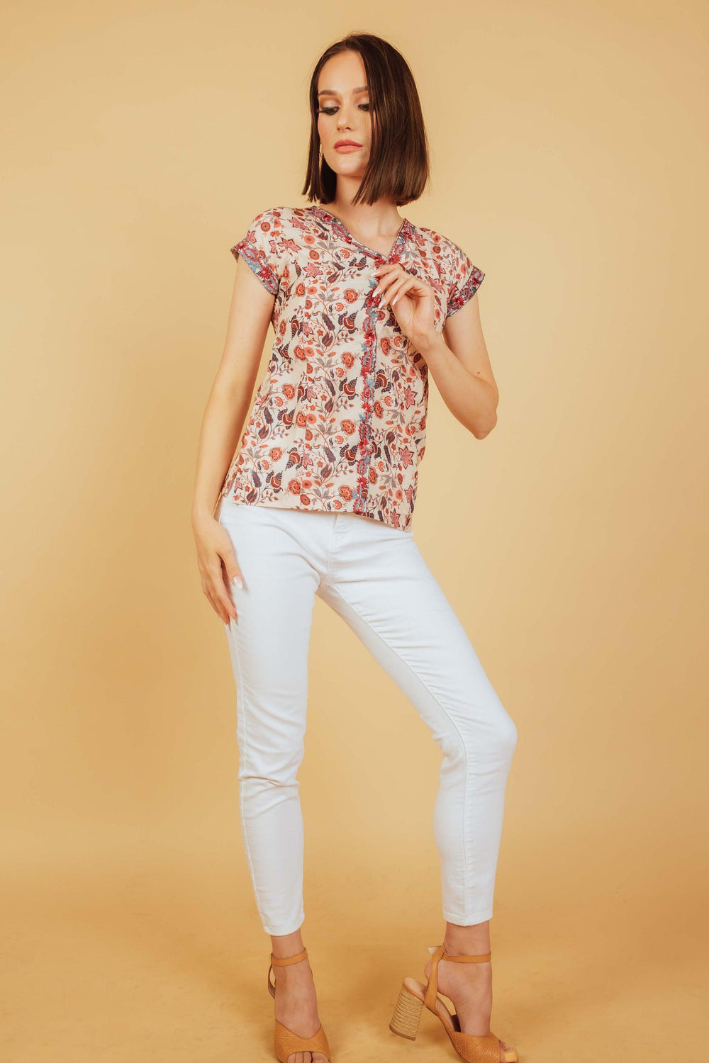 Tan Top with Floral Embroidery TOPS & TUNICS RAAS