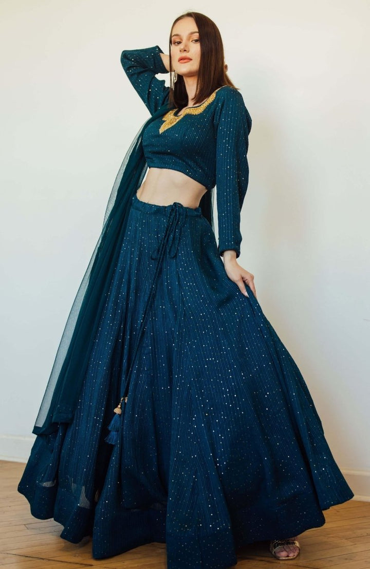 Teal Blue and Gold Full Sleeve Lehenga Choli Set
