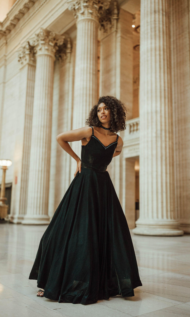 velvet a line dress Teal Embroidered Velvet A-Line Gown: Timeless Elegance