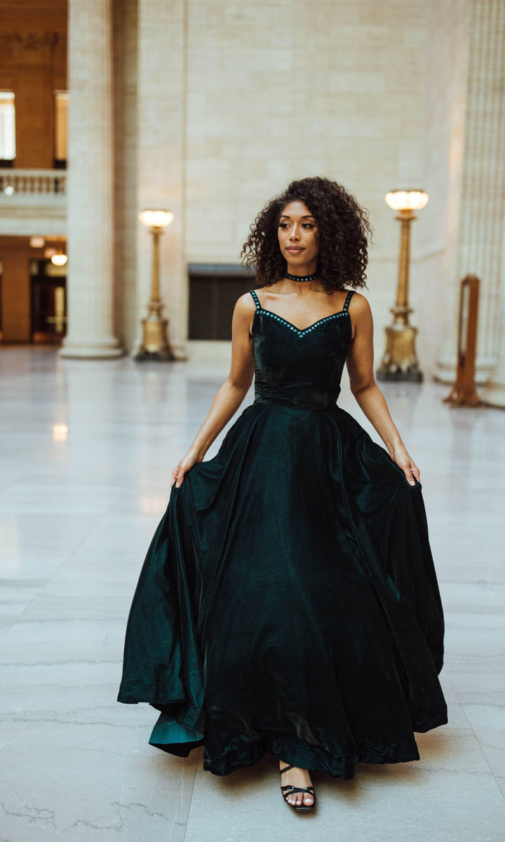 Teal Embroidered Velvet A-Line Gown-Raas USA