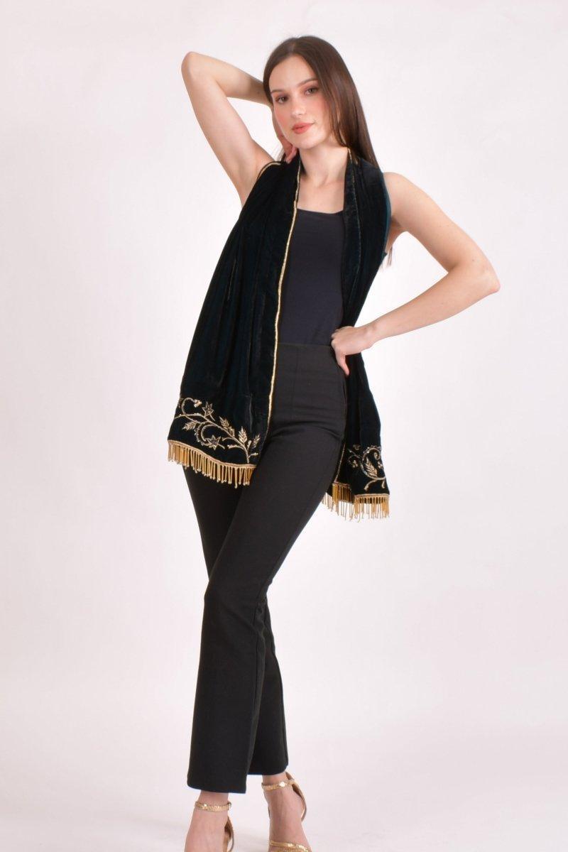 Teal Embroidered Velvet Scarf scarves & stoles RAAS