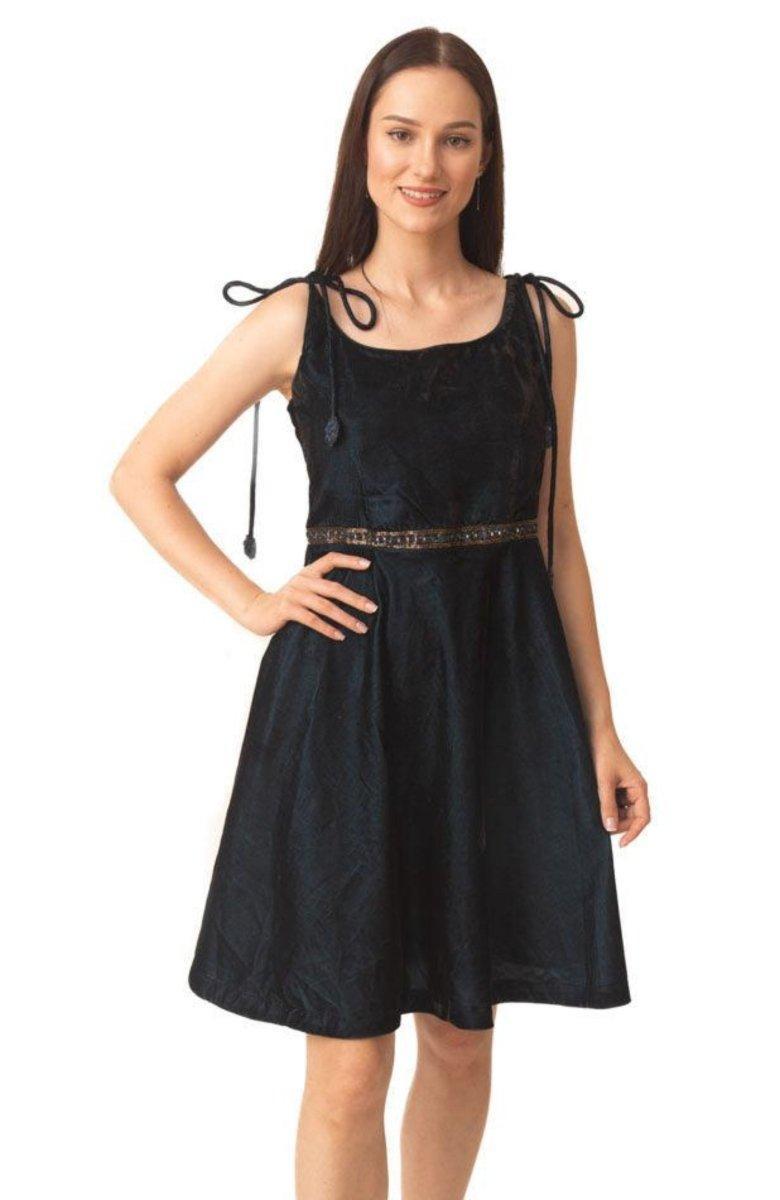 Teal velvet short dress with hand-embroidered waistband and string ties on shoulders.