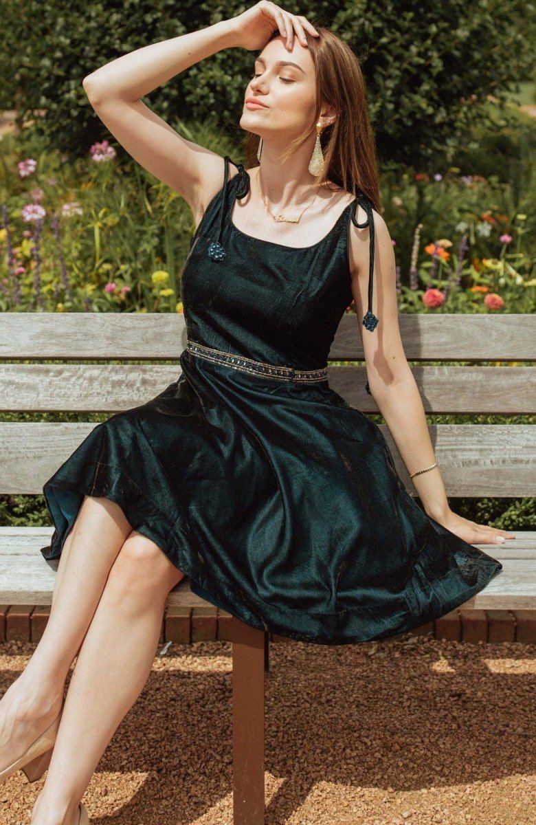 Tia Teal Velvet Short Dress with hand-embroidered waistband and string ties on shoulder.