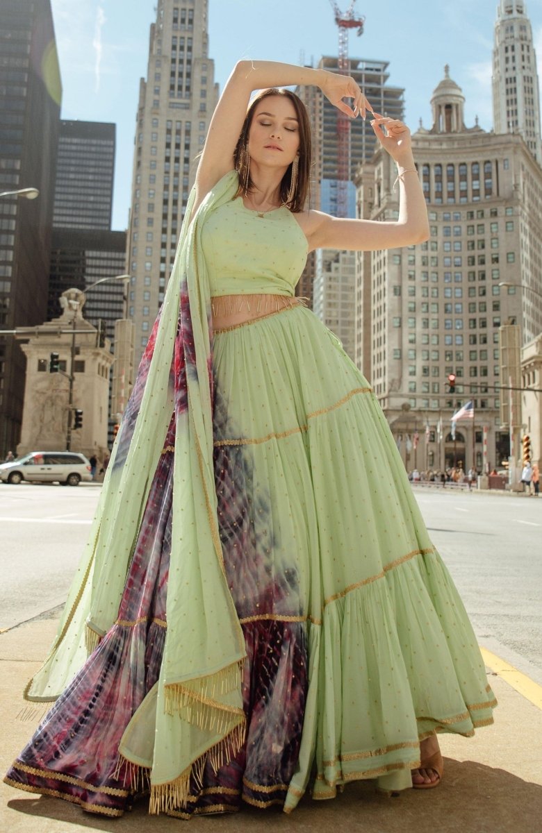 Pista Green Hand Tie-Dye Lehenga Choli Set with Sequins Embroidery