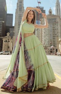 Pista Green Hand Tie-Dye Lehenga Choli Set with Sequins Embroidery