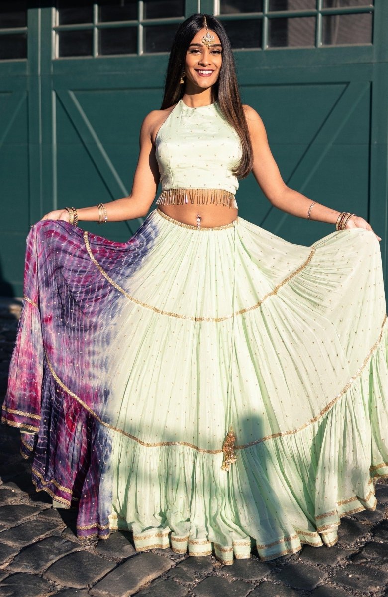 Pista Green Hand Tie-Dye Lehenga Choli Set with Sequins Embroidery