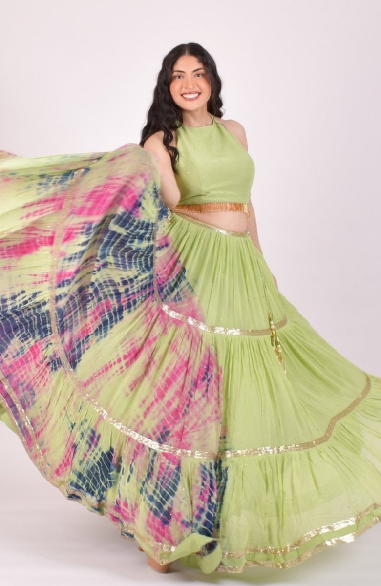 Pista Green Hand Tie-Dye Lehenga Choli Set with Sequins Embroidery