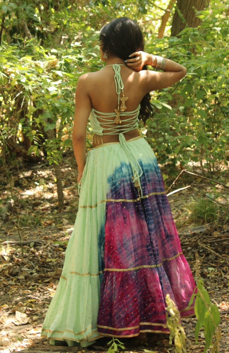 Pista Green Hand Tie-Dye Lehenga Choli Set with Sequins Embroidery