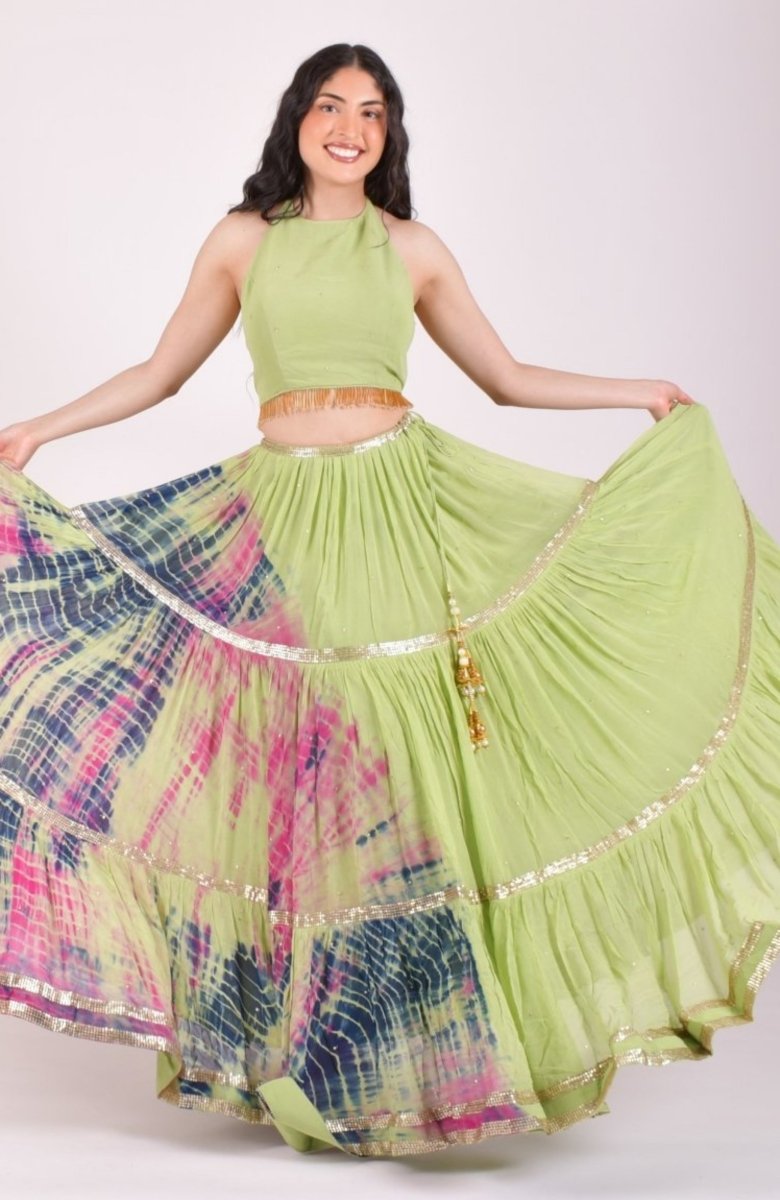 Pista Green Hand Tie-Dye Lehenga Choli Set with Sequins Embroidery