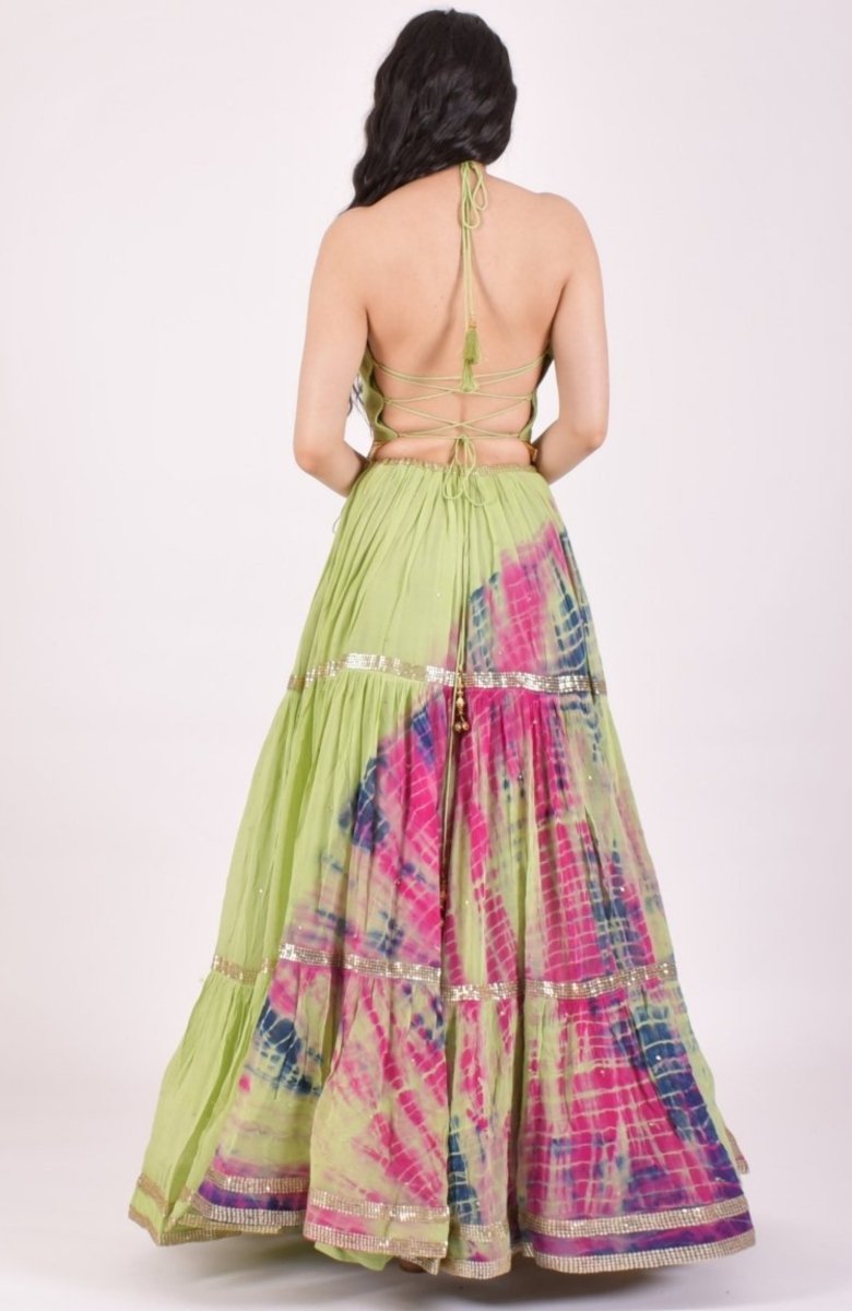 Pista Green Hand Tie-Dye Lehenga Choli Set with Sequins Embroidery