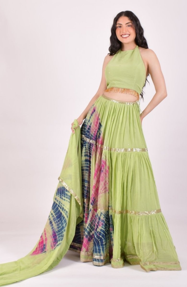Pista Green Hand Tie-Dye Lehenga Choli Set with Sequins Embroidery