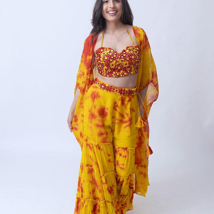 Tie Dye Sharara Set with heavy embroidery blouse and jacket-Raas