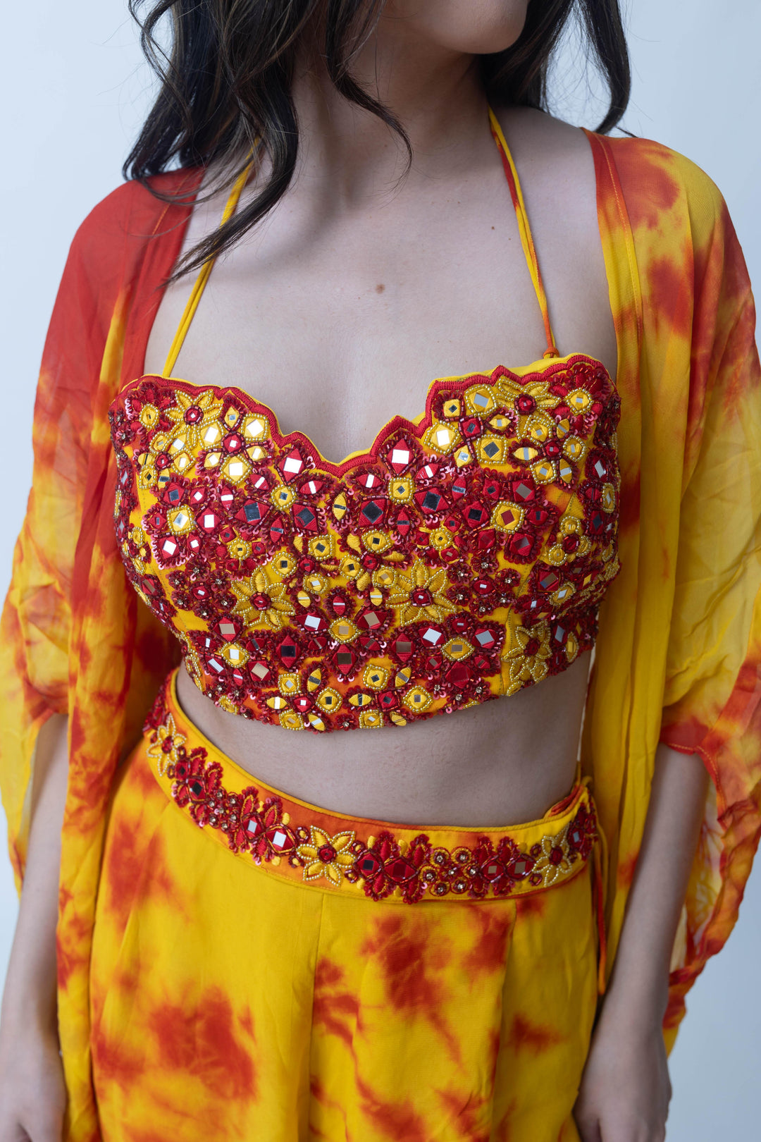 Tie Dye Sharara Set with heavy embroidery blouse and jacket-Raas